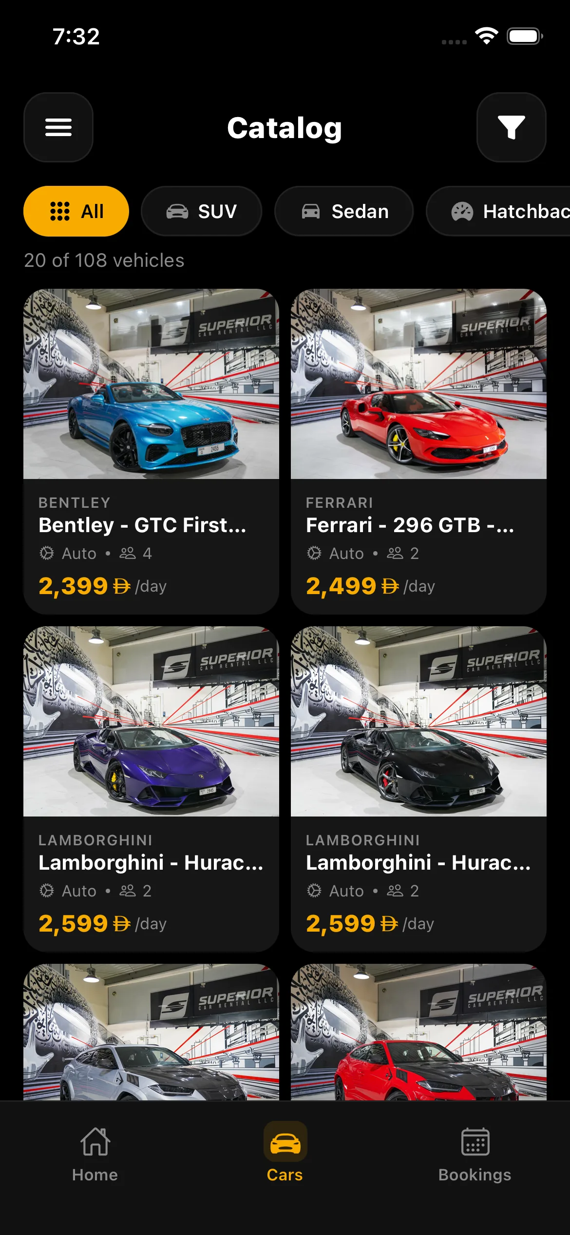 Superior car rental app catalogue — 108 vehicles filtered by body type, with daily rates for Bentley, Ferrari and Lamborghini