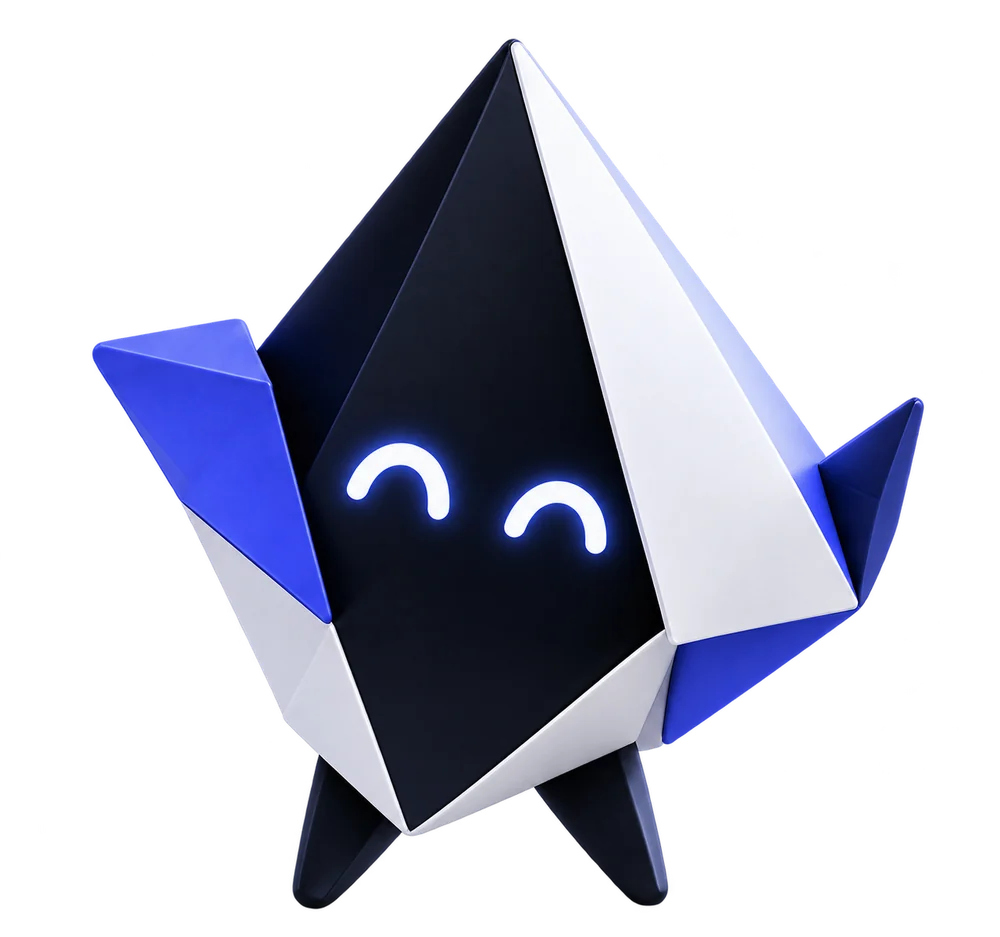Foldi, NxFold’s happy origami companion with a navy face, white folded panels and blue wings